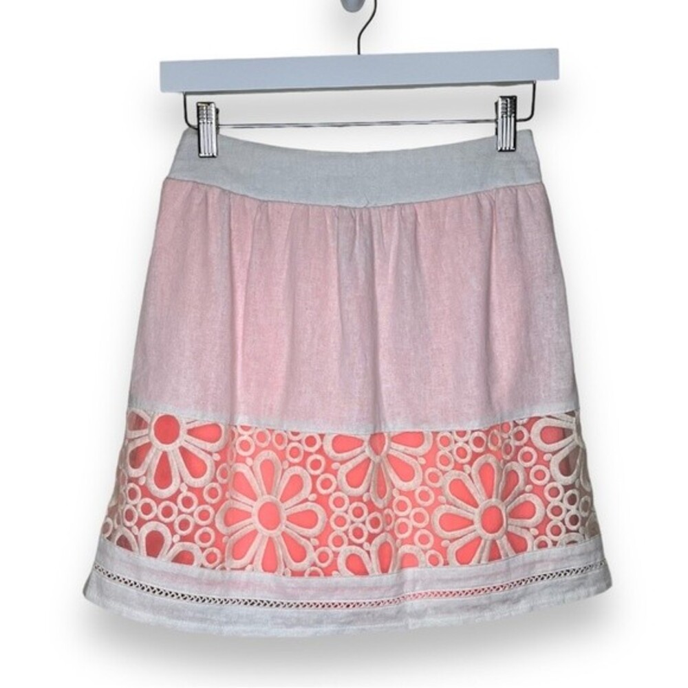 Stoosh Linen Blend Off White Pink Lined Embroidered Lace Skirt Women Size Small